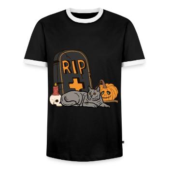 Cute Chartreux Carthusian Halloween Cat - Men's Ringer Shirt - black/white - Front - AI Model Female 172 light (172cm) & AI Model Male 178 light (178cm)