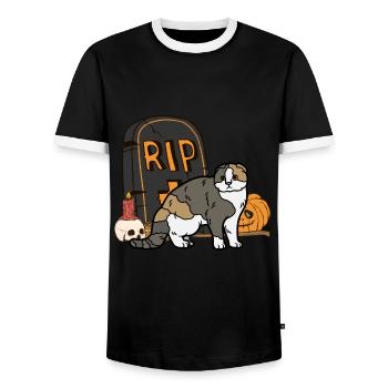 Cute Scottish Folding Ear Cat Halloween Cat - Men's Ringer Shirt - black/white - Front - AI Model Female 172 light (172cm) & AI Model Male 178 light (178cm)
