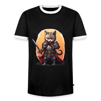 Cat in Knight Equipment with Longsword, AI Gen - Men's Ringer Shirt - black/white - Front - AI Model Female 172 light (172cm) & AI Model Male 178 light (178cm)