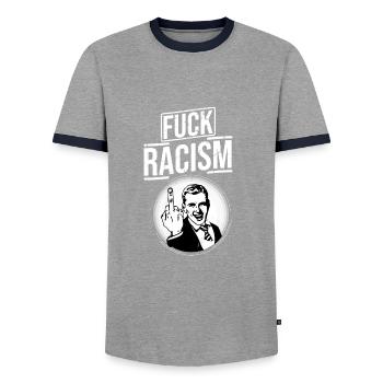 against racism! - Men's Ringer Shirt - grey/navy  - Front - AI Model Female 172 light (172cm) & AI Model Male 178 light (178cm)