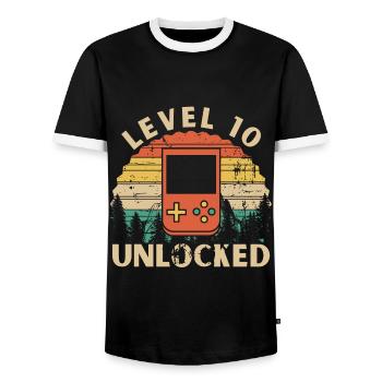 Level 10 freigeschaltet - Männer Kontrast-T-Shirt - Schwarz/Weiß - Vorne - AI Model Female 172 light (172cm) & AI Model Male 178 light (178cm)