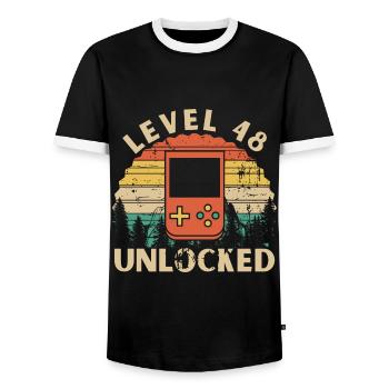 Level 48 Unlocked - Men's Ringer Shirt - black/white - Front - AI Model Female 172 light (172cm) & AI Model Male 178 light (178cm)