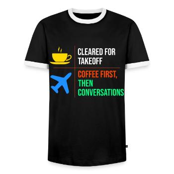 Air Traffic Controller Coffee ATC Aviation Humor - Men's Ringer Shirt - black/white - Front - AI Model Female 172 light (172cm) & AI Model Male 178 light (178cm)