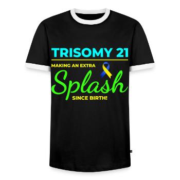 Down Syndrome Awareness Trisomy 21 Splash - Men's Ringer Shirt - black/white - Front - AI Model Female 172 light (172cm) & AI Model Male 178 light (178cm)