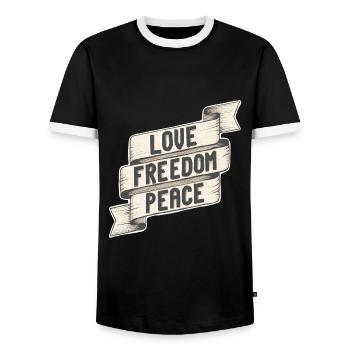 Love Freedom Peace. Love Freedom Tranquility - Men's Ringer Shirt - black/white - Front - AI Model Female 172 light (172cm) & AI Model Male 178 light (178cm)