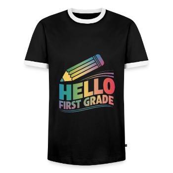 Hello First Grade - Männer Kontrast-T-Shirt - Schwarz/Weiß - Vorne - AI Model Female 172 light (172cm) & AI Model Male 178 light (178cm)