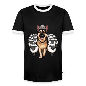 German Shepherd with Little Sheep - Men's Ringer Shirt - black/white - Front - AI Model Female 172 light (172cm) & AI Model Male 178 light (178cm)