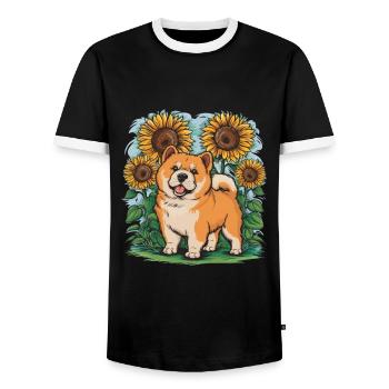 Cartoon Chow Chow with Summer Sunflowers - Men's Ringer Shirt - black/white - Front - AI Model Female 172 light (172cm) & AI Model Male 178 light (178cm)