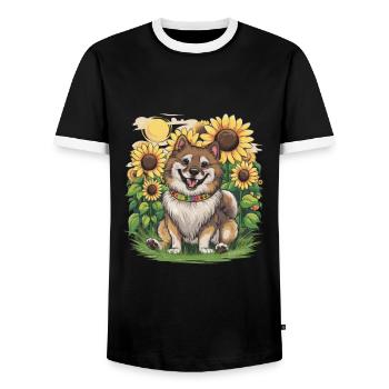 Cute Wolfspitz with sunflowers. - Men's Ringer Shirt - black/white - Front - AI Model Female 172 light (172cm) & AI Model Male 178 light (178cm)