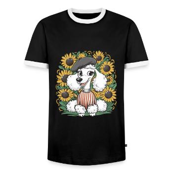 French Poodle with Sweet Sunflowers - Men's Ringer Shirt - black/white - Front - AI Model Female 172 light (172cm) & AI Model Male 178 light (178cm)
