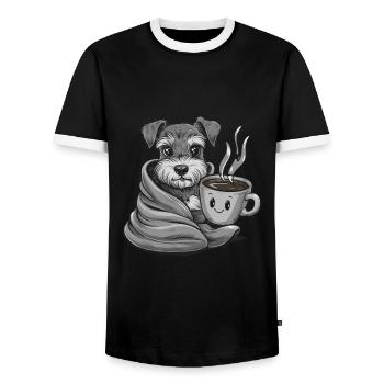 Miniature Schnauzer with blanket and coffee cup - Men's Ringer Shirt - black/white - Front - AI Model Female 172 light (172cm) & AI Model Male 178 light (178cm)