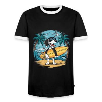 German Shorthair Pointer on the Beach with Surfboard - Men's Ringer Shirt - black/white - Front - AI Model Female 172 light (172cm) & AI Model Male 178 light (178cm)