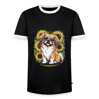 Sommerliches Sonnenblumenmotiv mit süßem Pekinese. - Männer Kontrast-T-Shirt - Schwarz/Weiß - Vorne - AI Model Female 172 light (172cm) & AI Model Male 178 light (178cm)