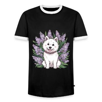 Spitz Samoyède doux avec un beau lilas - T-shirt contrasté Homme - noir/blanc - Devant - AI Model Female 172 light (172cm) & AI Model Male 178 light (178cm)