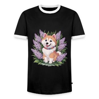 Spitz Samoyède doux avec un beau lilas - T-shirt contrasté Homme - noir/blanc - Devant - AI Model Female 172 light (172cm) & AI Model Male 178 light (178cm)