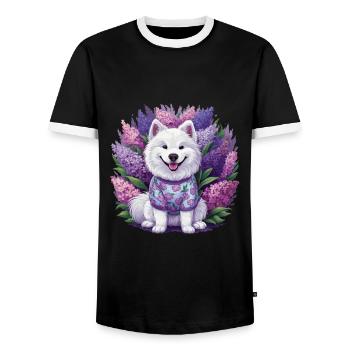 Spitz Samoyède doux avec un beau lilas - T-shirt contrasté Homme - noir/blanc - Devant - AI Model Female 172 light (172cm) & AI Model Male 178 light (178cm)