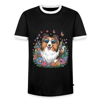 Chien de berger Shetland - Sheltie avec des papillons - T-shirt contrasté Homme - noir/blanc - Devant - AI Model Female 172 light (172cm) & AI Model Male 178 light (178cm)