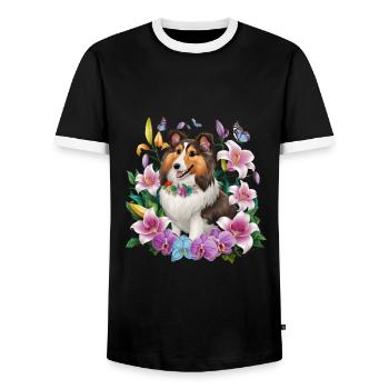 Sheltie with orchids, lilies and butterflies - Men's Ringer Shirt - black/white - Front - AI Model Female 172 light (172cm) & AI Model Male 178 light (178cm)