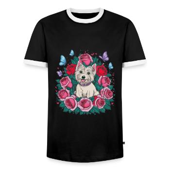 West Highland White Terrier avec roses - T-shirt contrasté Homme - noir/blanc - Devant - AI Model Female 172 light (172cm) & AI Model Male 178 light (178cm)