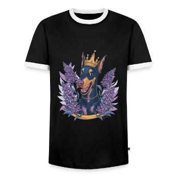 Doberman Pinscher with Crown, Lilies and Tulips - Men's Ringer Shirt - black/white - Front - AI Model Female 172 light (172cm) & AI Model Male 178 light (178cm)