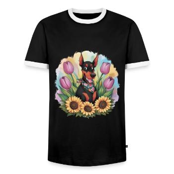 Doberman Pinscher with Sunflowers and Tulips - Men's Ringer Shirt - black/white - Front - AI Model Female 172 light (172cm) & AI Model Male 178 light (178cm)