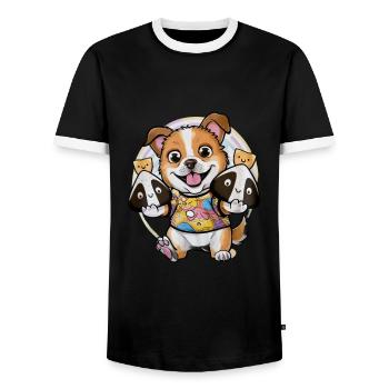 Kawaii Cartoon Dog with Onigiri Rice Balls - Men's Ringer Shirt - black/white - Front - AI Model Female 172 light (172cm) & AI Model Male 178 light (178cm)