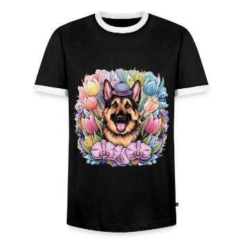 Cartoon German Shepherd with Orchids - Men's Ringer Shirt - black/white - Front - AI Model Female 172 light (172cm) & AI Model Male 178 light (178cm)