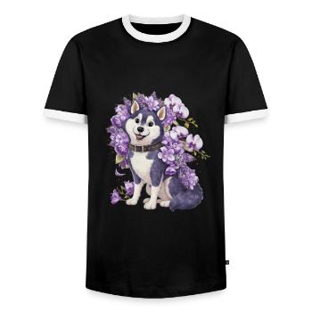 Cute cartoon husky with pretty orchids - Men's Ringer Shirt - black/white - Front - AI Model Female 172 light (172cm) & AI Model Male 178 light (178cm)