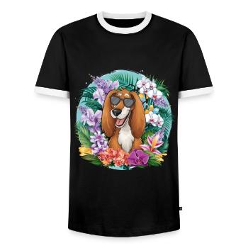 Lévrier afghan aux fleurs colorées - T-shirt contrasté Homme - noir/blanc - Devant - AI Model Female 172 light (172cm) & AI Model Male 178 light (178cm)