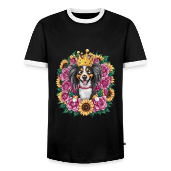 Sweet Nederlandse Kooikerhondje with crown, roses - Men's Ringer Shirt - black/white - Front - AI Model Female 172 light (172cm) & AI Model Male 178 light (178cm)