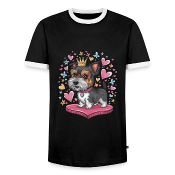 Norfolk Terrier with Hearts, Crown, Butterflies - Men's Ringer Shirt - black/white - Front - AI Model Female 172 light (172cm) & AI Model Male 178 light (178cm)