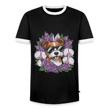 Norfolk Terrier mit Sonnenbrille und Orchideen - Männer Kontrast-T-Shirt - Schwarz/Weiß - Vorne - AI Model Female 172 light (172cm) & AI Model Male 178 light (178cm)