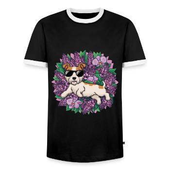 Norfolk Terrier mit Sonnenbrille und Orchideen - Männer Kontrast-T-Shirt - Schwarz/Weiß - Vorne - AI Model Female 172 light (172cm) & AI Model Male 178 light (178cm)