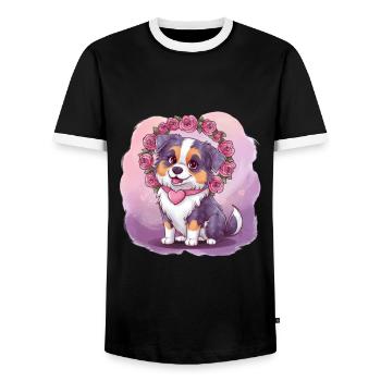Cartoon Australian Shepherd Dog with Roses - Men's Ringer Shirt - black/white - Front - AI Model Female 172 light (172cm) & AI Model Male 178 light (178cm)
