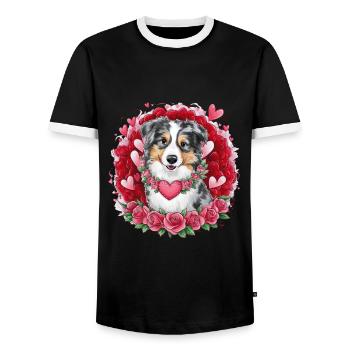 Australian Shepherd with Roses and Hearts - Men's Ringer Shirt - black/white - Front - AI Model Female 172 light (172cm) & AI Model Male 178 light (178cm)