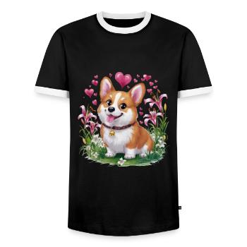 Cute cartoon corgi with lilies and hearts - Men's Ringer Shirt - black/white - Front - AI Model Female 172 light (172cm) & AI Model Male 178 light (178cm)