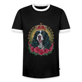 Cocker Spaniel with Crown and Roses - Men's Ringer Shirt - black/white - Front - AI Model Female 172 light (172cm) & AI Model Male 178 light (178cm)