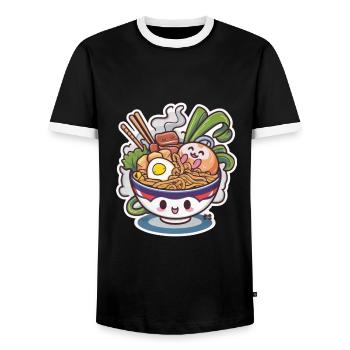 Kawaii Katze mit Ramen Schüssel - Männer Kontrast-T-Shirt - Schwarz/Weiß - Vorne - AI Model Female 172 light (172cm) & AI Model Male 178 light (178cm)