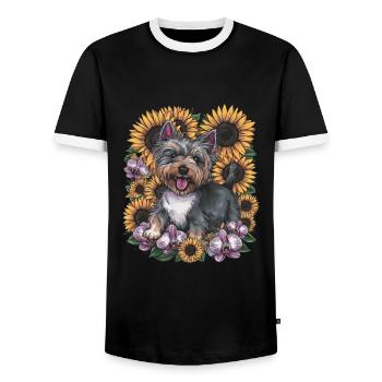 Cairn Terrier with Sun Flowers and Orchids - Men's Ringer Shirt - black/white - Front - AI Model Female 172 light (172cm) & AI Model Male 178 light (178cm)