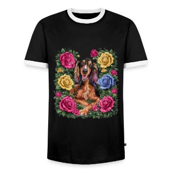 Bande dessinée Setter irlandais avec des roses - T-shirt contrasté Homme - noir/blanc - Devant - AI Model Female 172 light (172cm) & AI Model Male 178 light (178cm)