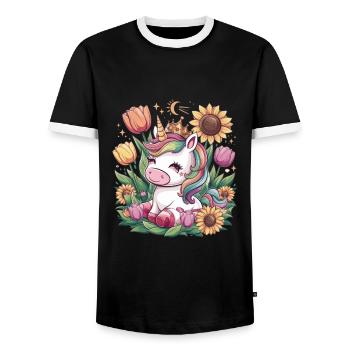 Kawaii unicorn with crown, tulips and sunflowers - Men's Ringer Shirt - black/white - Front - AI Model Female 172 light (172cm) & AI Model Male 178 light (178cm)