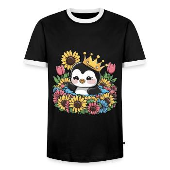Kawaii Penguin with Crown, Tulips and Sunflowers - Men's Ringer Shirt - black/white - Front - AI Model Female 172 light (172cm) & AI Model Male 178 light (178cm)