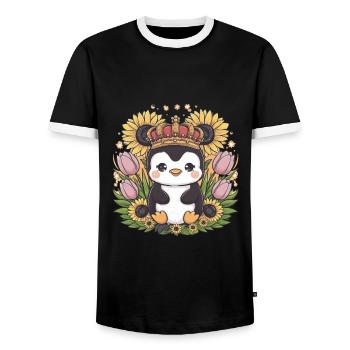 Kawaii Penguin with Crown, Tulips and Sunflowers - Men's Ringer Shirt - black/white - Front - AI Model Female 172 light (172cm) & AI Model Male 178 light (178cm)