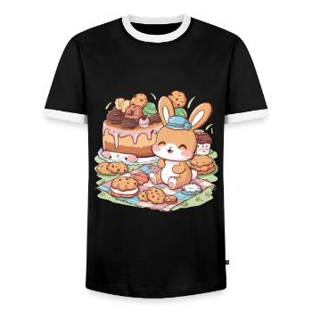Dessin animé lapin kawaii avec des biscuits et un gâteau - T-shirt contrasté Homme - noir/blanc - Devant - AI Model Female 172 light (172cm) & AI Model Male 178 light (178cm)