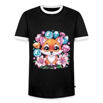 Cartoon Kawaii Fox with Colorful Flowers - Men's Ringer Shirt - black/white - Front - AI Model Female 172 light (172cm) & AI Model Male 178 light (178cm)