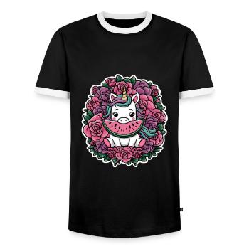 Kawaii Einhorn mit Rosen und Melone - Männer Kontrast-T-Shirt - Schwarz/Weiß - Vorne - AI Model Female 172 light (172cm) & AI Model Male 178 light (178cm)