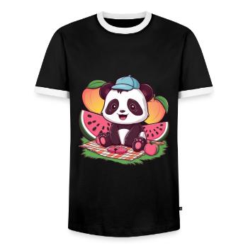 Kawaii Panda mit Pfirsichen und Wassermelonen - Männer Kontrast-T-Shirt - Schwarz/Weiß - Vorne - AI Model Female 172 light (172cm) & AI Model Male 178 light (178cm)