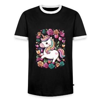 Licorne Kawaii avec des roses et des tulipes - T-shirt contrasté Homme - noir/blanc - Devant - AI Model Female 172 light (172cm) & AI Model Male 178 light (178cm)