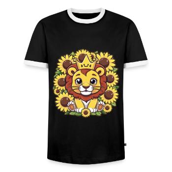 Cartoon Kawaii Lion with Crown and Sunflowers - Men's Ringer Shirt - black/white - Front - AI Model Female 172 light (172cm) & AI Model Male 178 light (178cm)