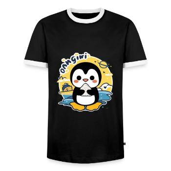 Kawaii Pinguin mit Onigiri Reisball - Männer Kontrast-T-Shirt - Schwarz/Weiß - Vorne - AI Model Female 172 light (172cm) & AI Model Male 178 light (178cm)